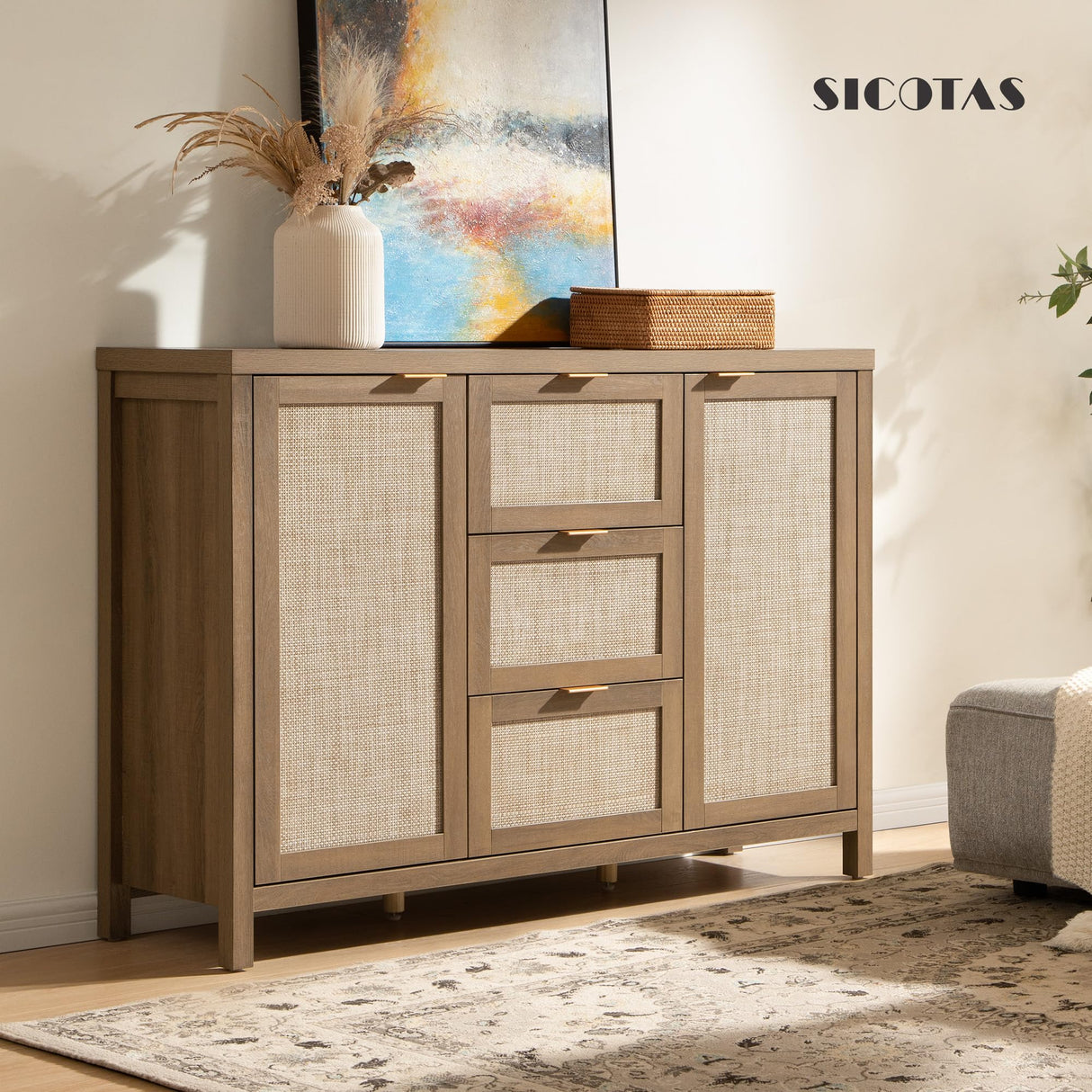 SICOTAS Rattan Sideboard Buffet Cabinet with Storage - 52" Larger Farmhouse Credenza Storage Coffee Bar Cabinet with 3 Drawers & 2 Doors, Boho Console Table for Living Room, Kitchen, Caramel Oak SICOTAS