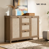 SICOTAS Rattan Sideboard Buffet Cabinet with Storage - 52" Larger Farmhouse Credenza Storage Coffee Bar Cabinet with 3 Drawers & 2 Doors, Boho Console Table for Living Room, Kitchen, Caramel Oak SICOTAS