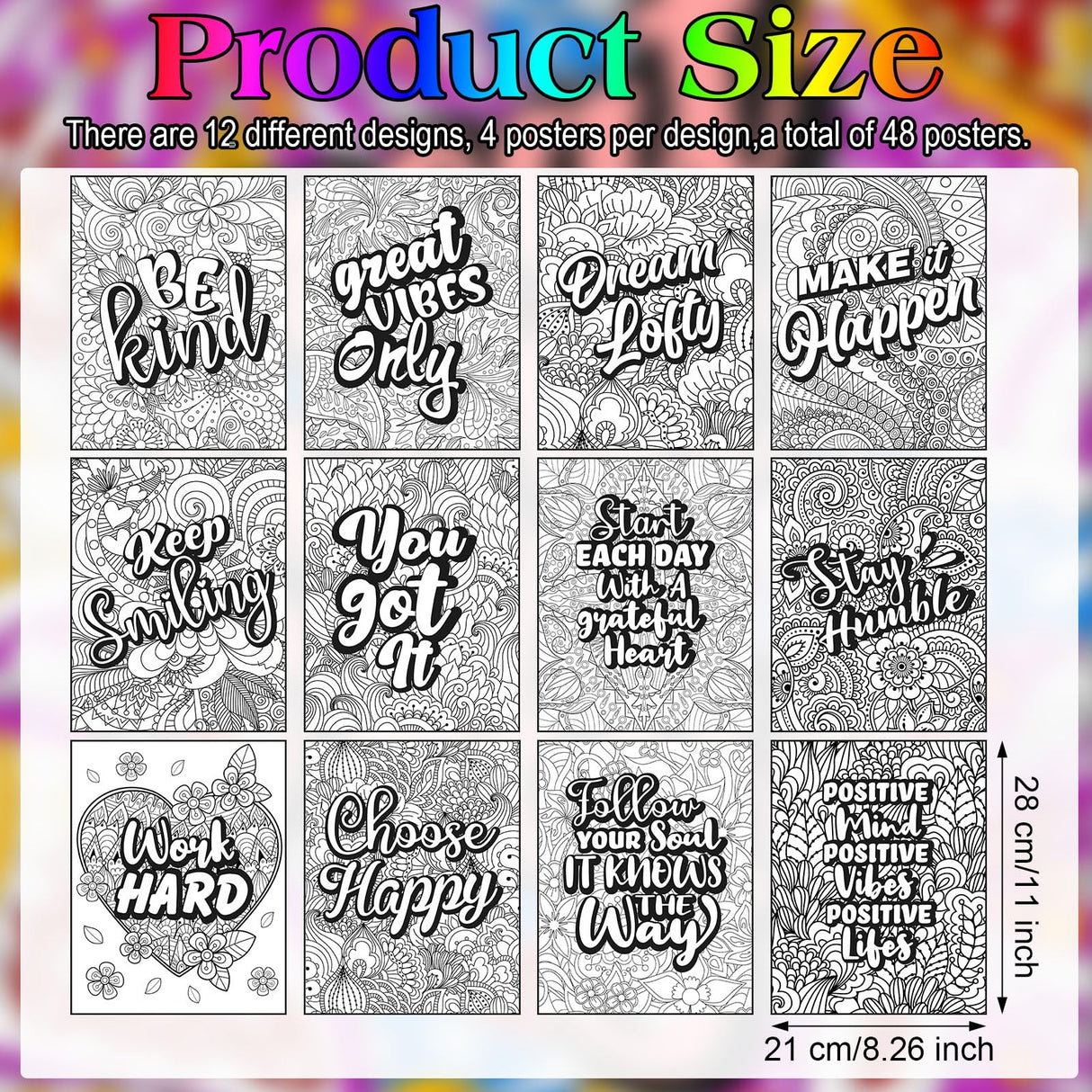 Geyoga 48 Pcs Mandala Coloring Cardstock for Adult Bulk Mandala Patterns Coloring Posters Cards 11 x 8.26'' Inspirational Positive Stress Relieving Activity for Kids Craft Geyoga