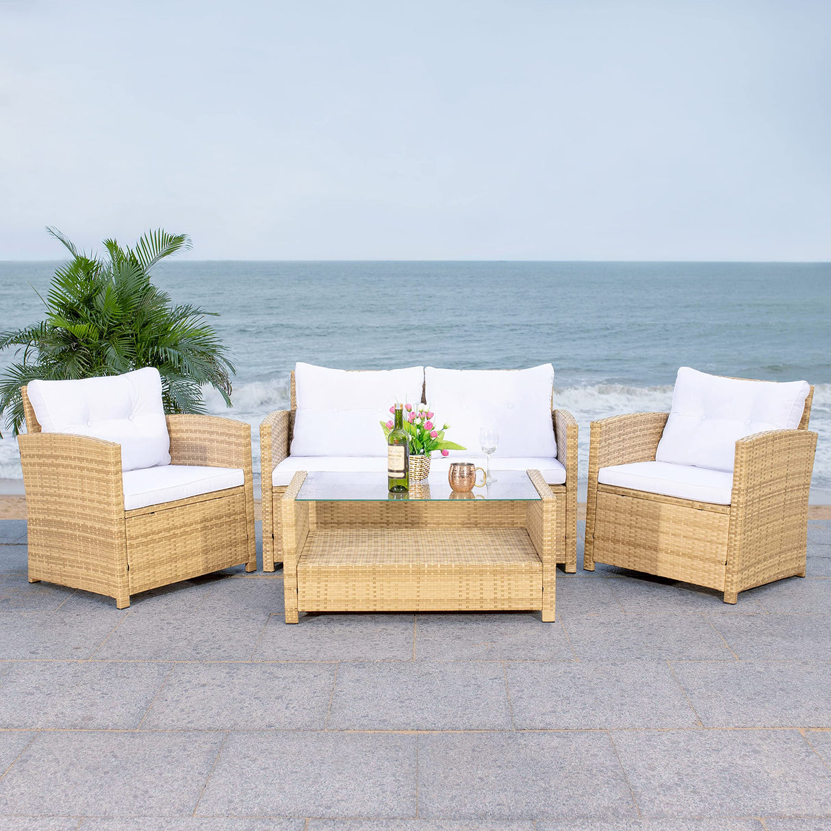SAFAVIEH Outdoor Collection Vellor Natural/White Cushion 4-Piece Conversation Patio Set PAT7516D Safavieh