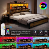 YITAHOME King Size Bed Frame with Storage Bookcase Headboard & RGB LED Lights, Slide Out Bedside Storage, Charging Station & USB, Heavy Duty Metal Slats, No Box Spring Needed, Noise-Free, Rustic Brown YITAHOME