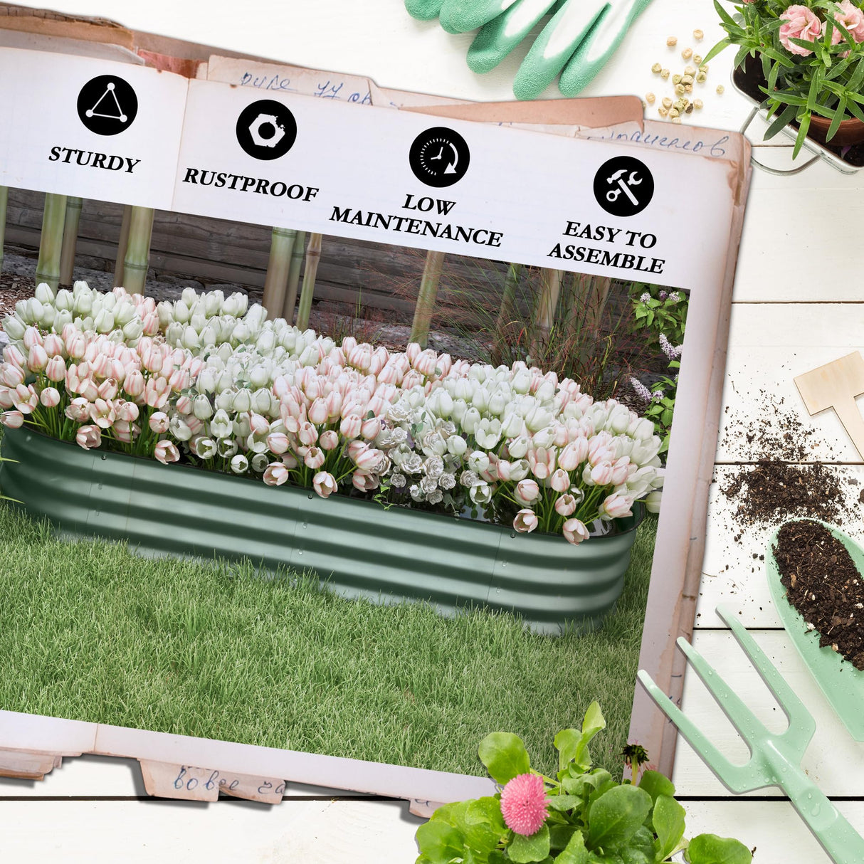 Outsunny 5' x 2' x 1' Galvanized Raised Garden Bed Kit, Outdoor Metal Elevated Planter Box with Safety Edging, Easy DIY Stock Tank for Growing Flowers, Herbs & Vegetables, Green Outsunny