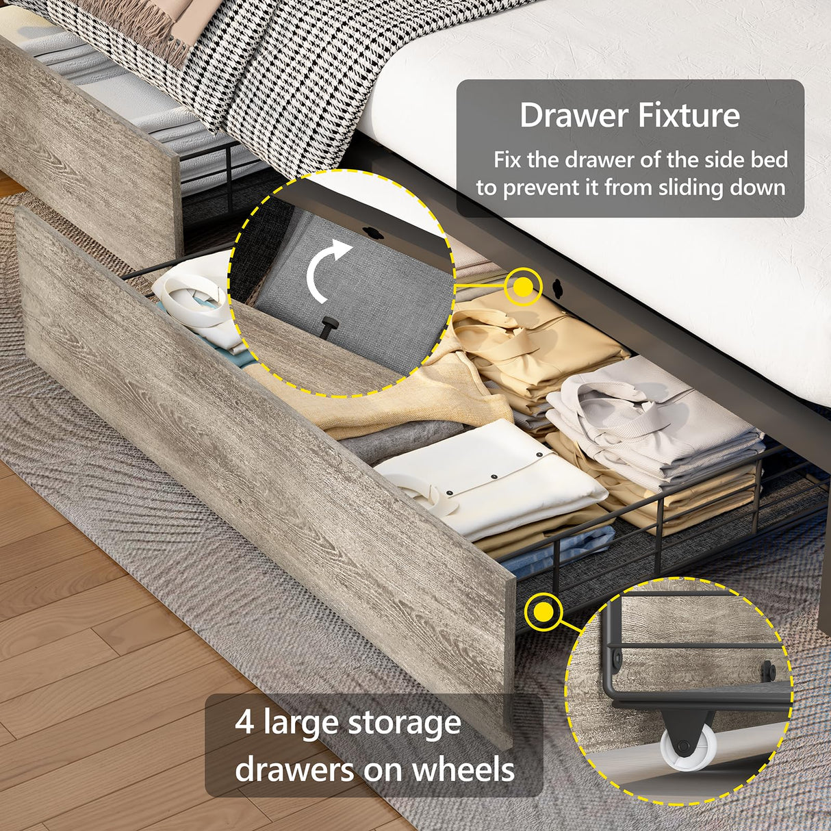 CSZZD Full Bed Frame with 4 Storage Drawers, Bookcase Headboard & USB Charging Station, Upholstered Metal Platform Bed in Oak Gray CSZZD