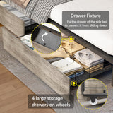 CSZZD Full Bed Frame with 4 Storage Drawers, Bookcase Headboard & USB Charging Station, Upholstered Metal Platform Bed in Oak Gray CSZZD