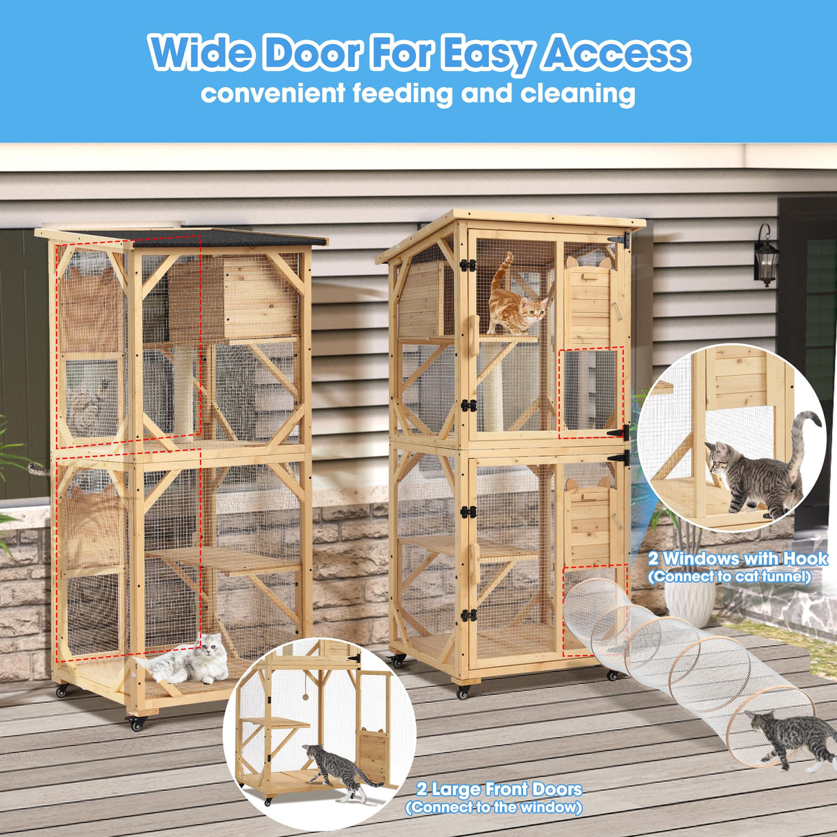 Dephet Catio Outdoor Cat Enclosure with Scratcher - 4-Tier Large Indoor Wooden Window Catio Cats House W/Asphalt Waterproof Roof, Wheels, Resting Box, Platforms, Kitten Toys Ball Dephet