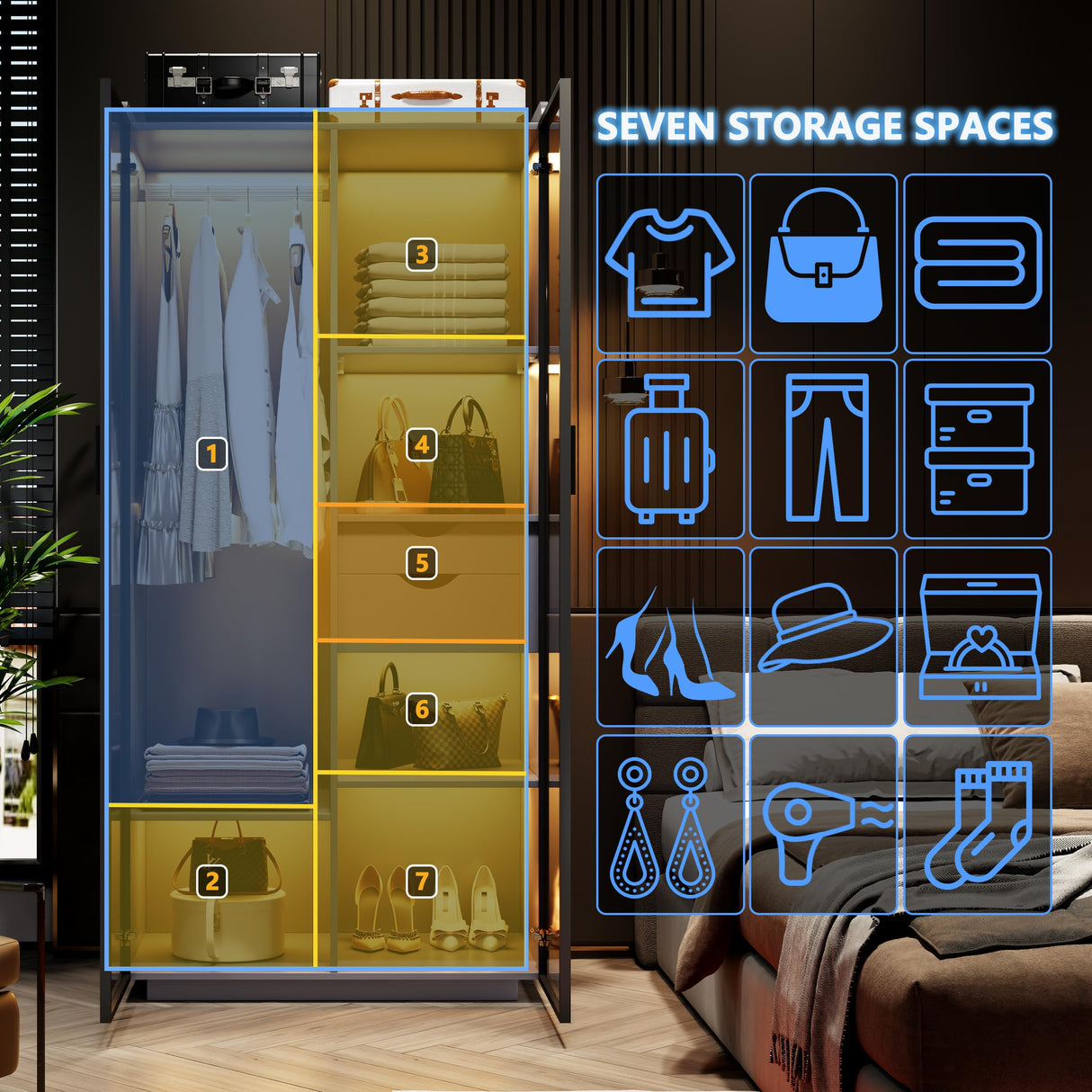 Wardrobe-Storage Cabinet With Human Sensor Design - Side Cabinet with LED Lighting - Organizer Armoire have 2 Drawers&6 Shelfs - Wardrobe With 2 Acrylic Door - Closet for Bedroom Furniture-Grey FREDEES