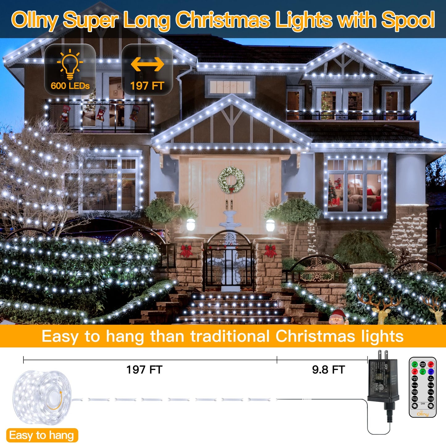 Ollny Christmas Lights Cool White, 600LED 197FT Christmas Tree Lights IP67 Waterproof, Plug in Fairy Lights with Remote 8 Modes Timer, Xmas Lights for Outdoor Indoor House Holiday Decor