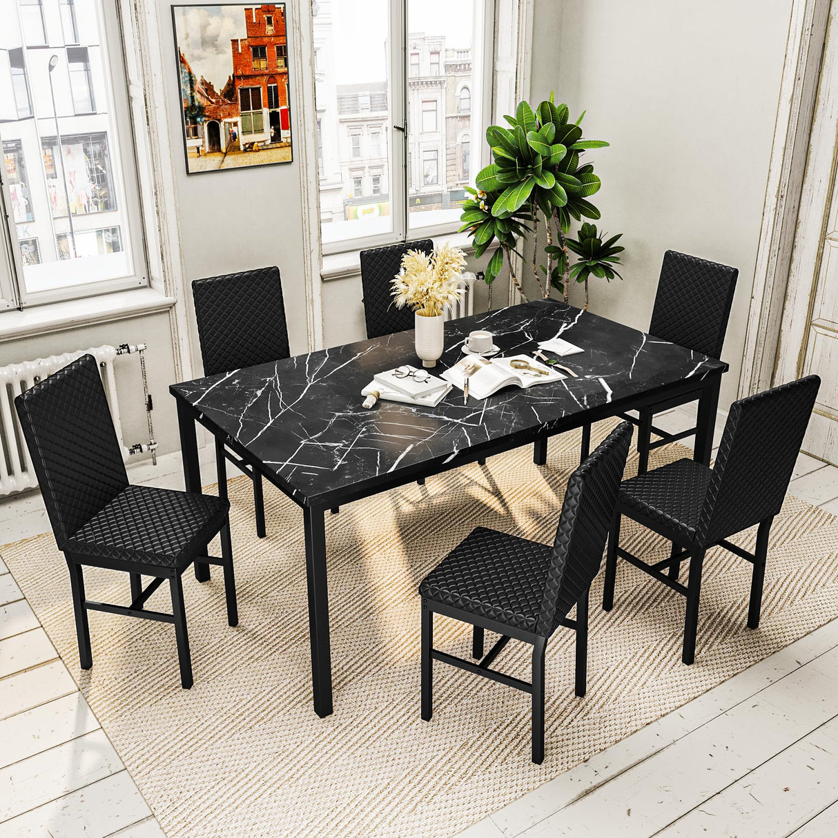Recaceik Dining Table Set for 6, Faux Marble 7 Piece Dining Table Set with Chairs, Kitchen Table Set with PU Leather Dining Chairs for Small Space & Breakfast Nook, Black Recaceik