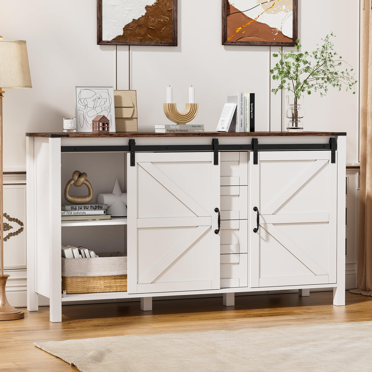 PAKASEPT Farmhouse Dresser Chests for Bedroom, Sliding Barn Doors TV Stand, Tall Wide Wood Country Rustic Chest of Drawers, Wood Storage Dressers for Living Room Hallway Entryway PAKASEPT