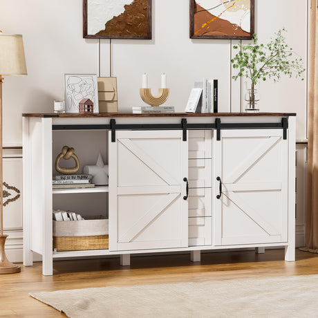 PAKASEPT Farmhouse Dresser Chests for Bedroom, Sliding Barn Doors TV Stand, Tall Wide Wood Country Rustic Chest of Drawers, Wood Storage Dressers for Living Room Hallway Entryway PAKASEPT