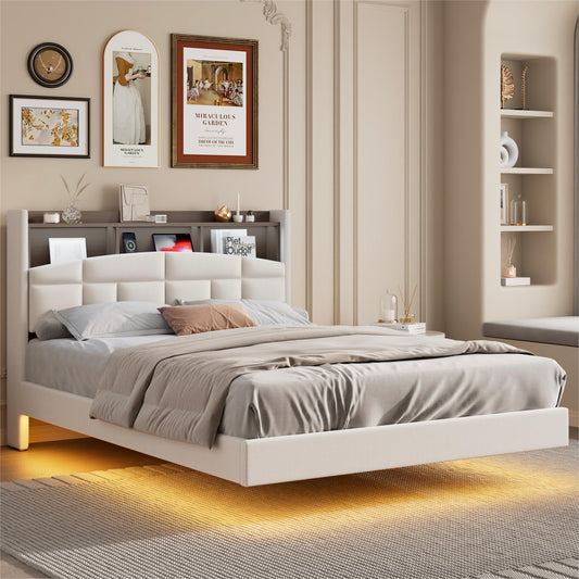 EDWZK Queen Velvet Floating Bed Frame with RGB LED Lights and Charging Station - WoodArtSupply