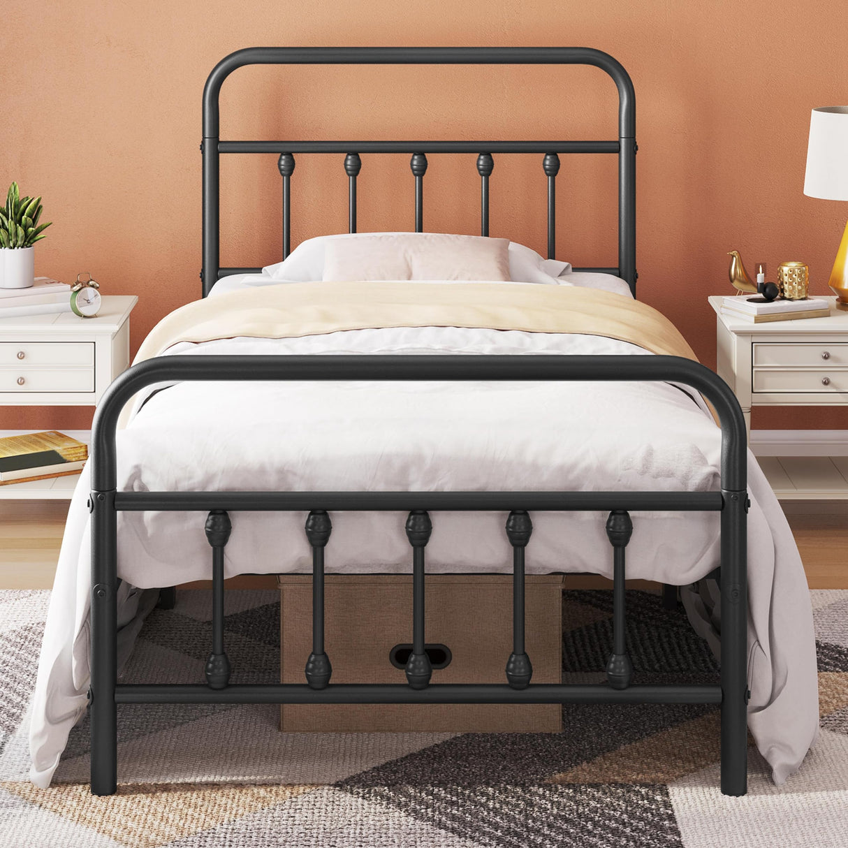 Topeakmart Twin Size Victorian Style Metal Bed Frame with Headboard/Mattress Foundation/No Box Spring Needed/Under Bed Storage/Strong Slat Support Black Topeakmart