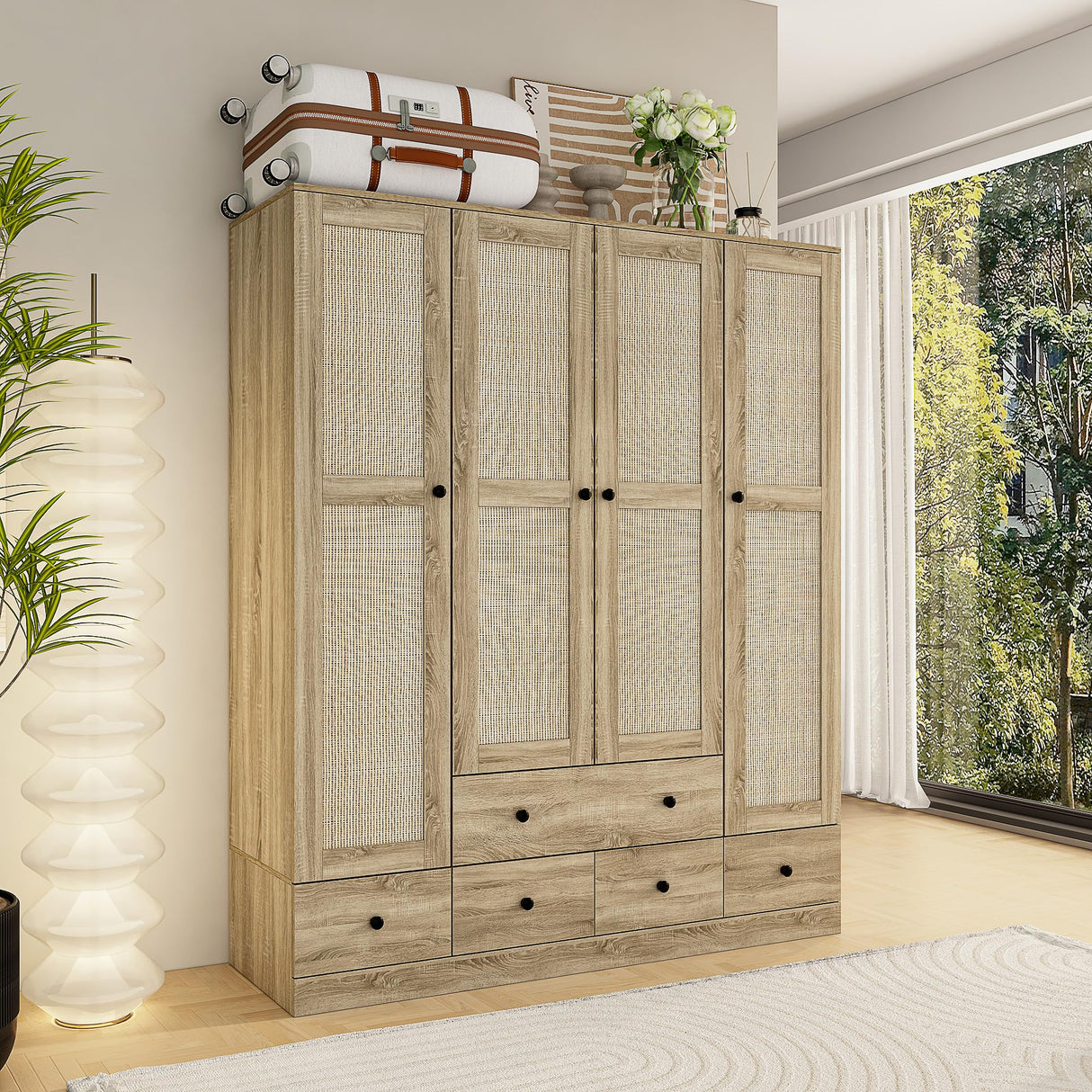 Homsee 4 Door Wardrobe Armoire Closet, Bedroom Cabinet Armoire with Rattan Doors, 5 Drawers, 2 Hanging Bars & Shelves, Light Brown Homsee