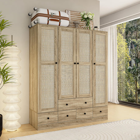 Homsee 4 Door Wardrobe Armoire Closet, Bedroom Cabinet Armoire with Rattan Doors, 5 Drawers, 2 Hanging Bars & Shelves, Light Brown Homsee