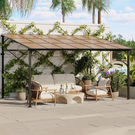 12' x 14' Gazebo, Large Wall Mounted Gazebos Pergola with Metal Frame, Hard Top Lean to Pergola, Outdoor Patio Lean to Metal Awnings Gazebos for Deck, Porch, Backyard Reljofum