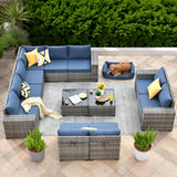 ovios 12 Pieces Patio Furniture Set, Outdoor Wicker Sectional Sofa with Glass Table Comfy Cushions, Modern Modular Deep Seat Couch Rattan Conversation Set, Denim Blue ovios