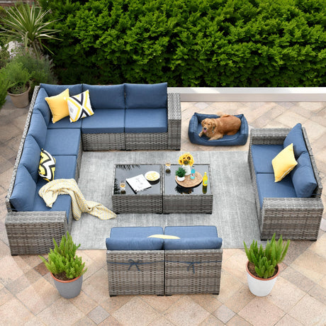 ovios 12 Pieces Patio Furniture Set, Outdoor Wicker Sectional Sofa with Glass Table Comfy Cushions, Modern Modular Deep Seat Couch Rattan Conversation Set, Denim Blue ovios