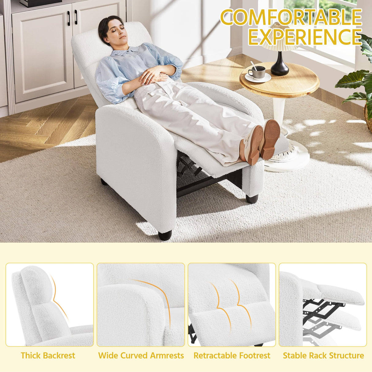 Yaheetech Boucle Recliner Chair Single Sofa Home Theater Seating Adjustable Modern Single Reclining Chair for Living Room Bedroom Home Theater White Yaheetech