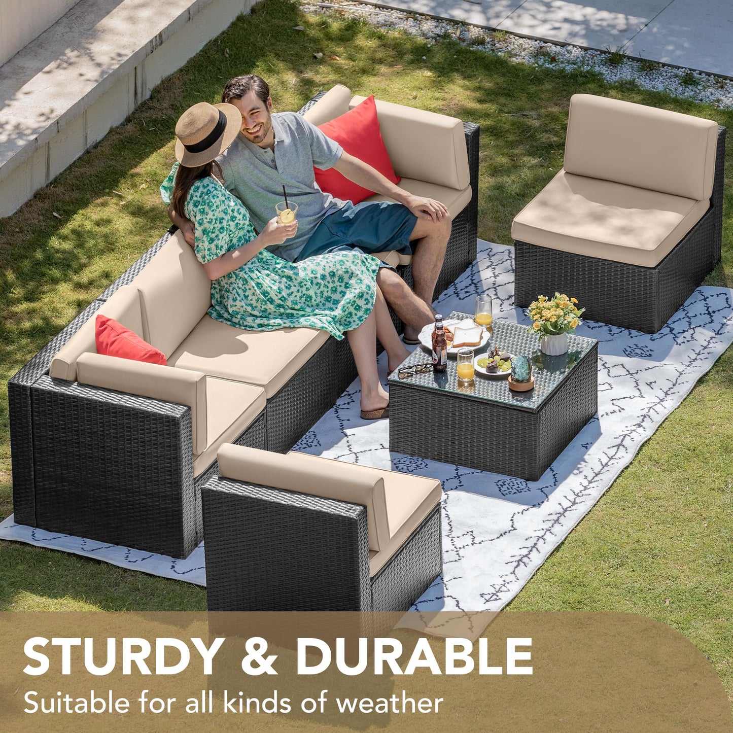 Devoko 7 Pieces Outdoor Sectional Sofa Patio Furniture Sets Manual Weaving Wicker Rattan Patio Conversation Sets with Cushion and Glass Table (Beige) - WoodArtSupply