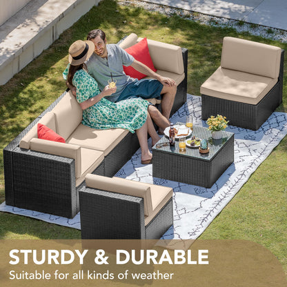 Devoko 7 Pieces Outdoor Sectional Sofa Patio Furniture Sets Manual Weaving Wicker Rattan Patio Conversation Sets with Cushion and Glass Table (Beige) - WoodArtSupply