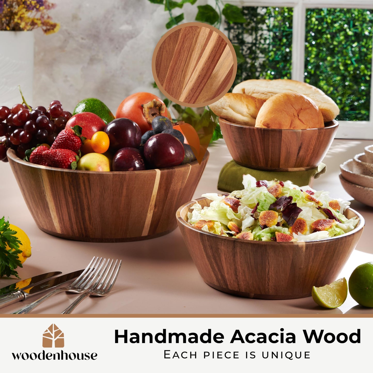 Wooden Salad Bowl, Wood Bowl Set of 3 - Round Design Large Salad Bowl for Serving, Fruit Bowls, Handmade, Durable and Stylish Natural Wood Dining Accessory by Woodenhouse