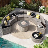 VONZOY Patio Sectional Furniture Outdoor 12-Piece Grey Rattan Curved Sofa Set with Fire Pit Table,Storage Table,Pillows,Fit for Pool Backyard Balcony Porch Lawn (Grey) VONZOY