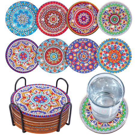 BSRESIN 8 Pcs Coasters with Holder, Mandala DIY Diamond Art Crafts for Adults, Small Diamond Painting Kits Accessories BSRESIN