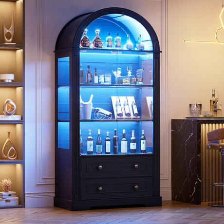 SDMY Lighted Arched Display Cabinet with Glass Doors, 73" Tall Curio Cabinet - 4 Tier Display Case with 3 Color LED Lights, Farmhouse Bookcase with Drawers for Collectibles Toys Books, Black SDMY