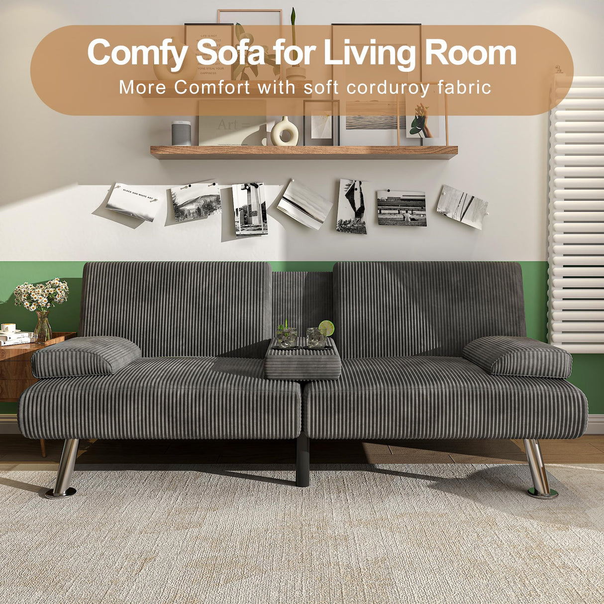 Shahoo Modern Upholstered Convertible Folding Futon Sofa Bed with Removable Armrests, Metal Legs, 2 Cup Holders for Living Room, Grey Shahoo