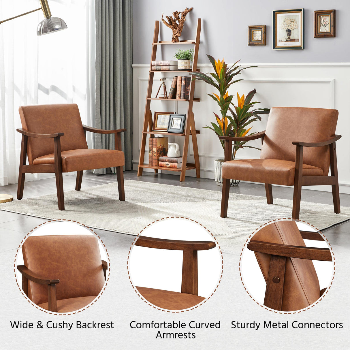 Yaheetech PU Leather Accent Chair, Mid-Century Modern Armchair with Solid Wood Legs, Reading Leisure Chair with High Back for Living Room Bedroom Waiting Room, Set of 2, Brown Yaheetech