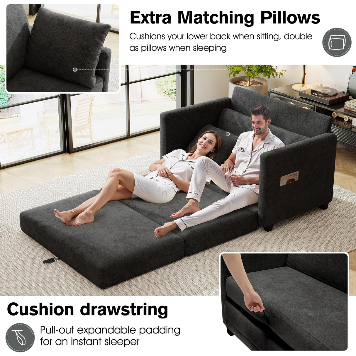 kakuboohi 51" Loveseat Sleeper Sofa Bed, Chenille Convertible Floor Sofa Bed for Small Spaces, Folding Couch Bed with Deep Seat, 2 Pillows & Solid Frame, Pull Out Floor Couch for Living Room, Black kakuboohi