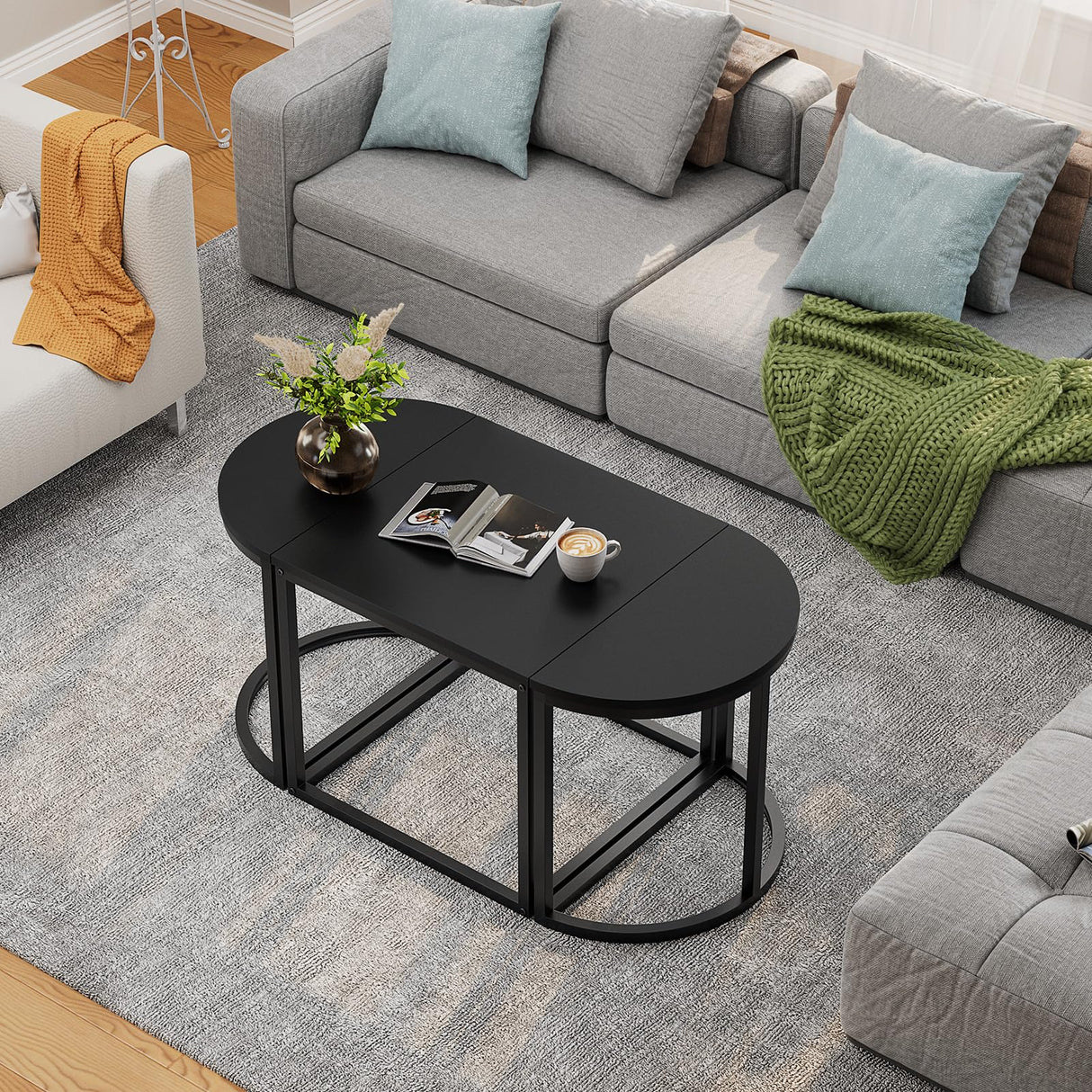 GreenForest Coffee Table Oval 3pcs Set, Modern Living Room Table with 2 End Tables, Small Center Table with Metal Frame for Home Apartment, Black GreenForest