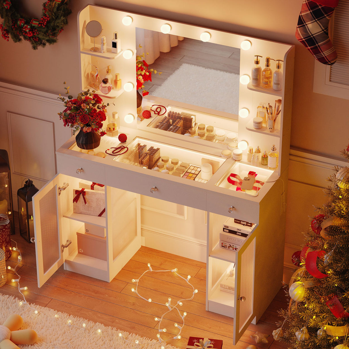 Makeup Vanity with Glass Top, White Vanity Desk with Mirror and Lights, Big Vanity with Drawers & Cabinets for Bedroom, Cute Vanity with Crystal Knobs & Power Outlet for Women, Girls IFSEB