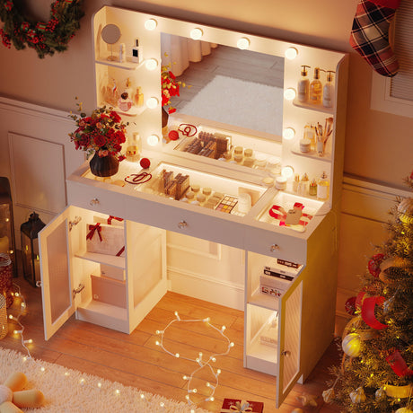 Makeup Vanity with Glass Top, White Vanity Desk with Mirror and Lights, Big Vanity with Drawers & Cabinets for Bedroom, Cute Vanity with Crystal Knobs & Power Outlet for Women, Girls IFSEB