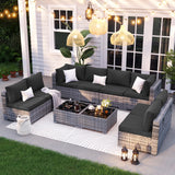 VONZOY Patio Furniture Set, 10-Piece Outdoor Sectional with Free Cover, All-Weather Wicker Patio Conversation Sets for Backyard (Grey with Black Cushion) VONZOY