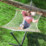 PNAEUT Double Rope Hammock with Stand Included, 12ft Heavy Duty Stand, 2 Person Traditional Cotton Rope Hammocks with Pillow for Outside Porch Patio Backyard Outdoor, Max 475lbs Capacity (Burlywood) PNAEUT