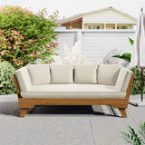 Merax Outdoor Patio Daybed Sofa,3-Seat Sofa with Foldable Arm 4 Back Pillows,Teak Acacia Wood Frame Beige Removable Cushion,Teak+ Beige Merax