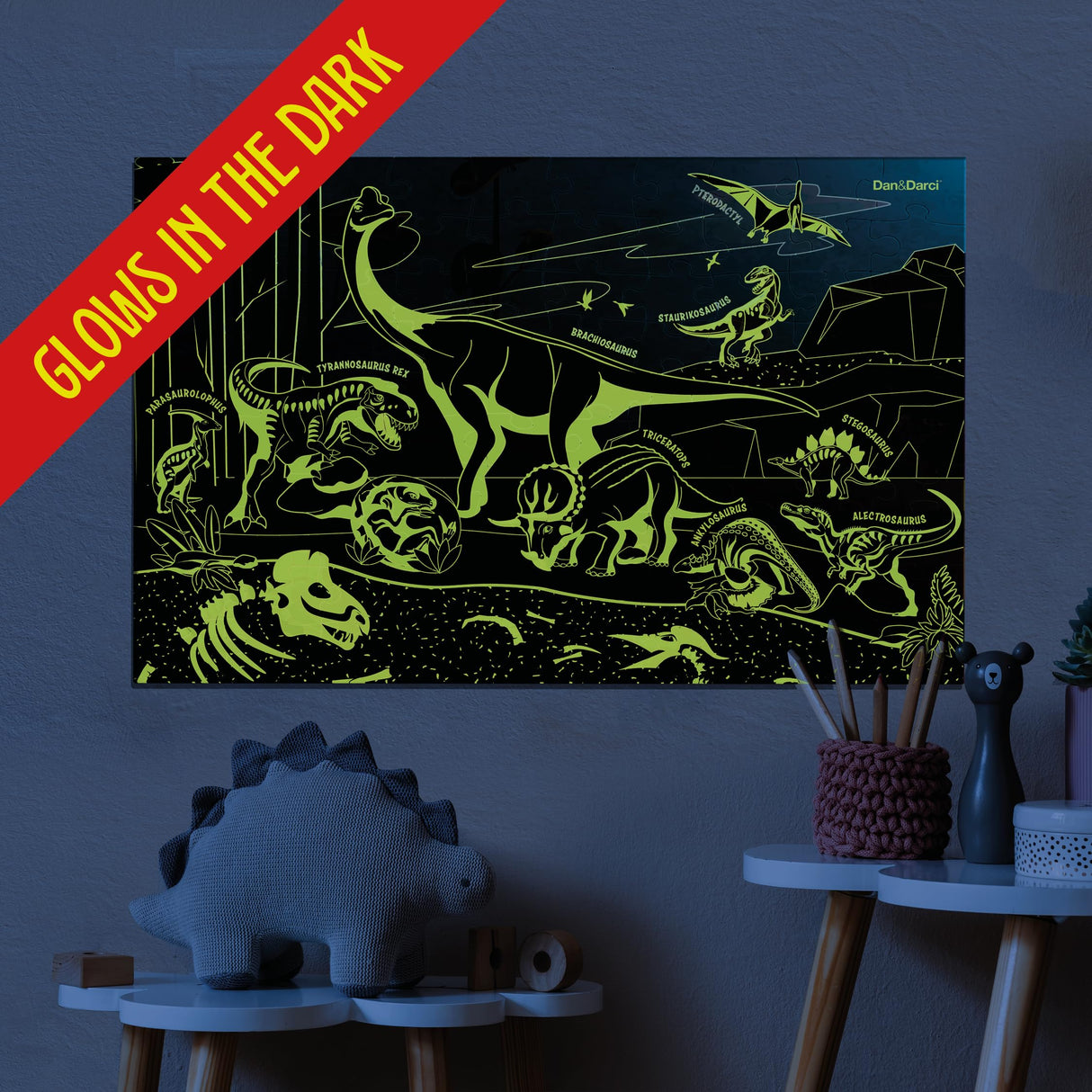 Glow in The Dark 100 Piece Dinosaur Puzzle for Kids - Dinosaurs Jigsaw Puzzles Toys for Boys & Girls Ages 6-8 - Christmas Birthday Gifts for Age 6 7 8 Year Old Toddler Boy Girl Gift - Dino Toy Dan&Darci