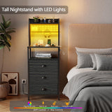 Furologee 44'' Tall Nightstand with Charging Station, Bedside Table with LED Lights, End Table with 3 Drawers and Storage Shelves, Night Stand with Pegboard for Bedroom, Black Oak Furologee