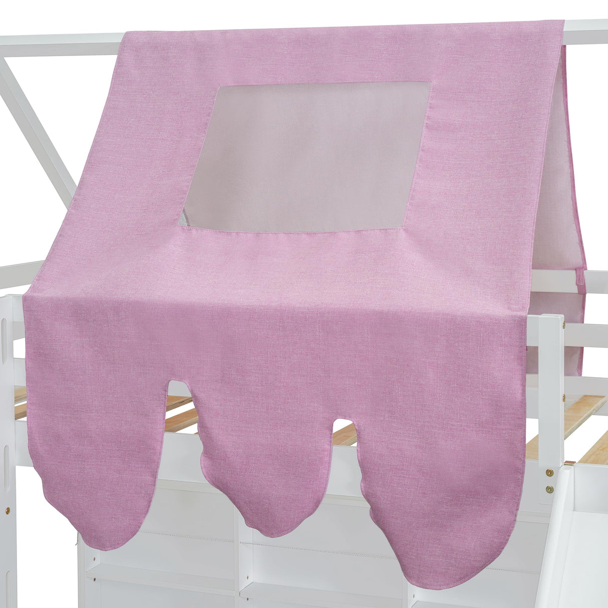 BEDGJH Twin Size Loft Bed, House Shaped Solid Wood Loft Bed with Tent, Slide and Functional Ladder for Kids, Girls & Boys (White+Pink, Twin) BEDGJH