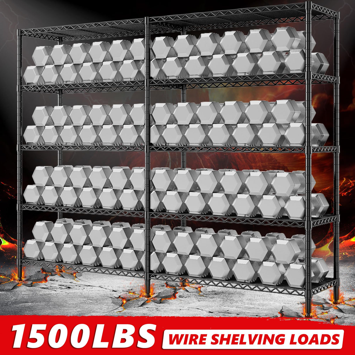 REIBII 5-Tier Heavy Duty Metal Wire Shelves, Industrial Style, 61.7"W x 72.4"H x 15.8"D, 1500 LBS Capacity, Adjustable, Rust Resistant, 2 Pack REIBII