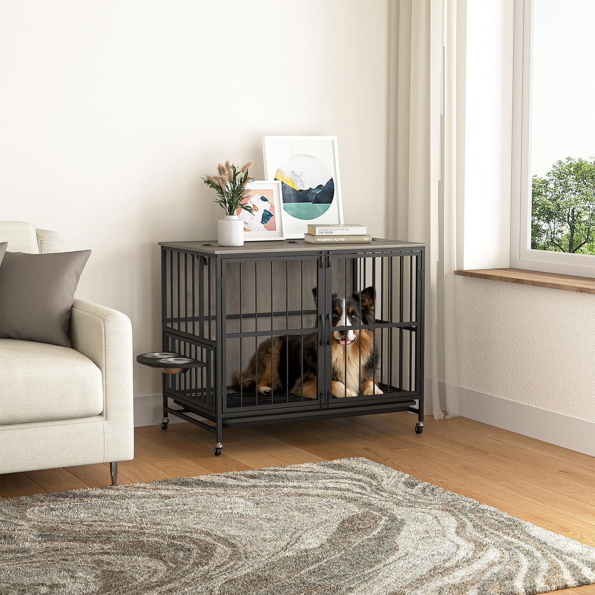 Dog Crate Furniture, Modern Dog Crate Table for Medium Large Dogs, Wooden Dog Kennel Indoor End Table with Removable Tray, Double-Door Dog House with Wheels, Heavy Duty Dog Cage with Flip-Top (Grey) VERYKE