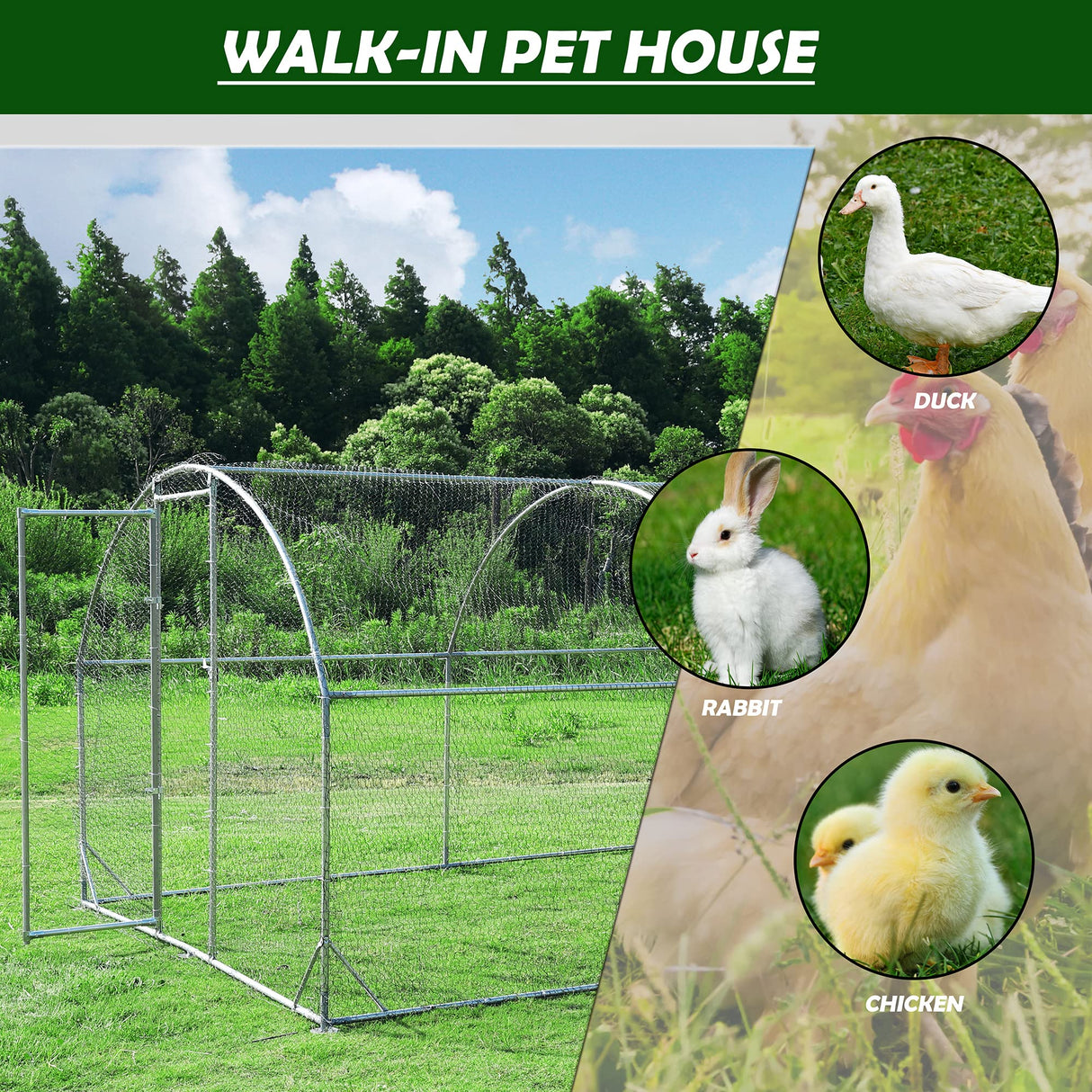 TOLEAD Large Metal Chicken Coop Upgrade Tri-Supporting Wire Mesh Chicken Run,Chicken Pen with Water-Resident and Anti-UV Cover,Duck Rabbit House Outdoor(9’ W x 19’ L x 6.5’ H) TOLEAD