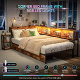 eMAIDE Corner Bed Frame with Storage Bookcase & Bedside Rack, Twin Size Metal Platform Bed Frame w/Drawers, Twin Daybed with Led Lights & Charging Station for Living Room, Bedroom & Guest Room, Brown eMAIDE