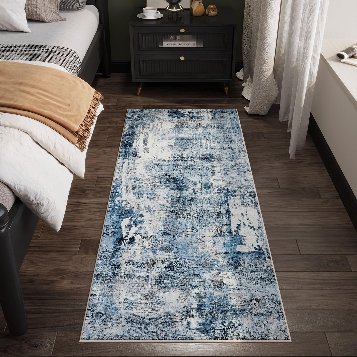 Rugcomf Runner Rug 2'6''x8' Hallway Rug Washable Boho Soft Area Rug Abstract Pattern Non-Slip Faux Wool Vintage Rug for Kitchen, Entryway, Laundry, Bedroom, Blue Rugcomf