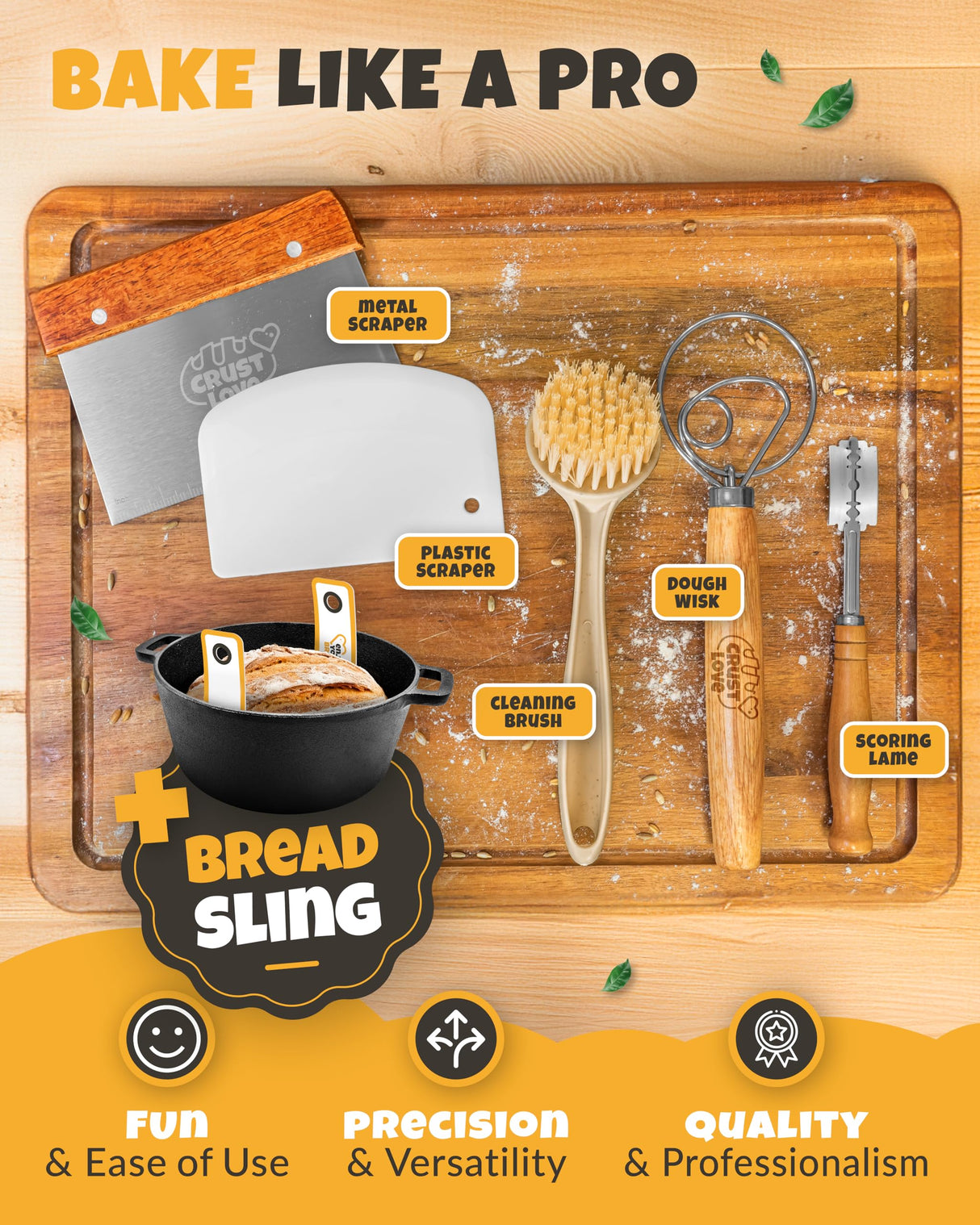 Crustlove Cast Iron Dutch Oven for Bread Baking - incl. Sourdough Bread Baking Supplies like Banneton Bread Proofing Basket - 5QT Cast Iron Bread Oven with Lid Bread Banking Pan Pot Scoring Tool Lame CRUSTLOVE