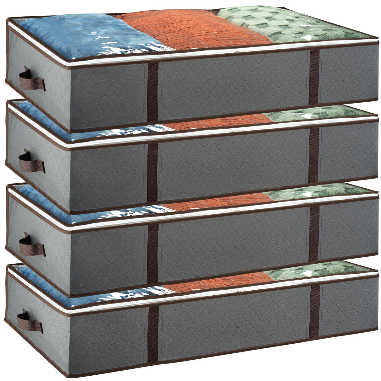 Underbed Storage Bags 4-Pack - Foldable Under Bed Storage Organizer for Clothes, Bedroom Blankets, Comforter, Pillows, Linen Sheets, Towels, Sweaters, Shoe Drawers. Ideal College Dorm Storage. (Grey) Masirs