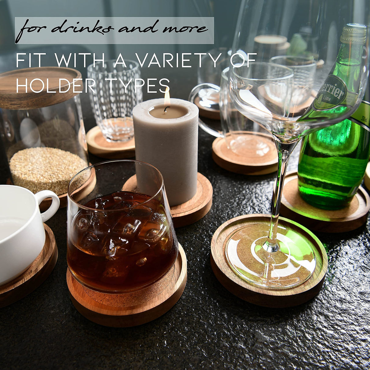 Acacia Wood Coasters for Drinks, 4.13 Inch, Set of 6, Absorbent and Insulation Cork Stackable Cup Holders, Rustic Coasters for Wooden Table, Designed by S1EGAN S1EGAN