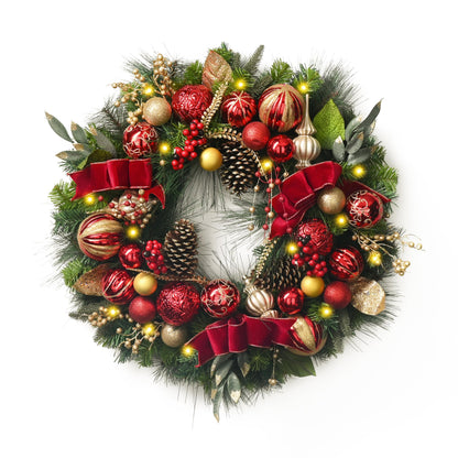 Valery Madelyn 30 Inch Pre-Lit Christmas Wreath for Front Door with Light, Large Lighted Christmas Wreath with Red Gold Xmas Ball for Fireplace Window Outdoor Table Centerpiece Holiday Home Decoration