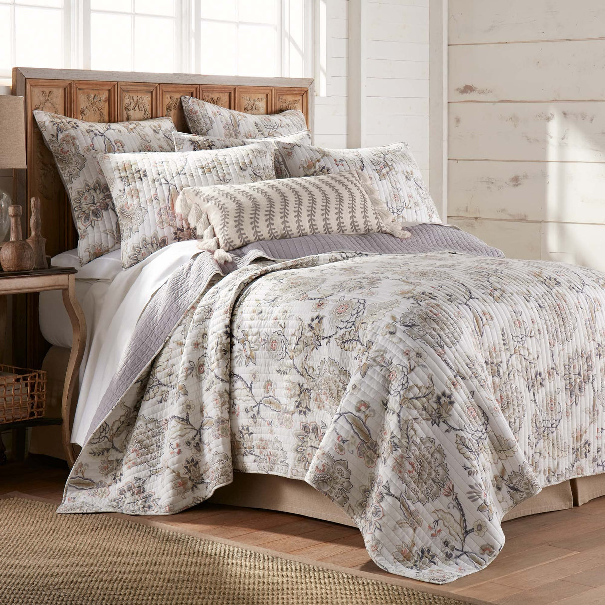 Levtex Home - Ophelia Quilt Set - King Quilt and Two King Shams - Floral - Taupe Grey Cream Blush - Quilt (106x92in.) and Shams (20x36in.) - Reversible - Rayon/Cotton Levtex Home